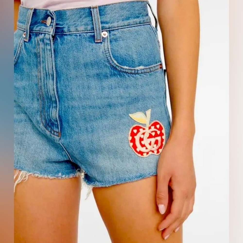 GUCCI Les Pommes High-Rise Denim Shorts - Blue